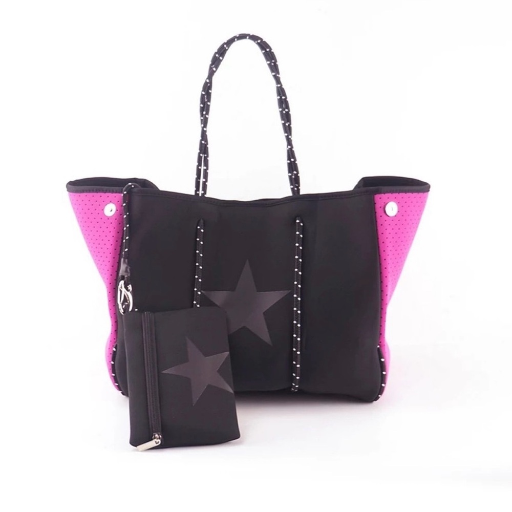 Stylish Black and Pink Neoprene Star Tote Bag with zip pouch